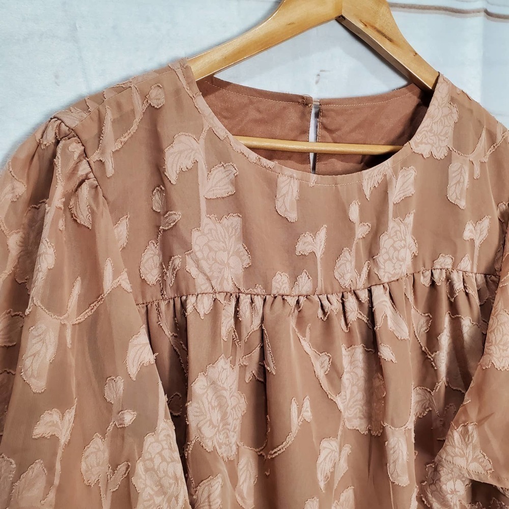 Floral Blouse Womens Size XL Tan Boxy Layered Babydoll Burnout Bell Sleeve - Picture 3 of 10